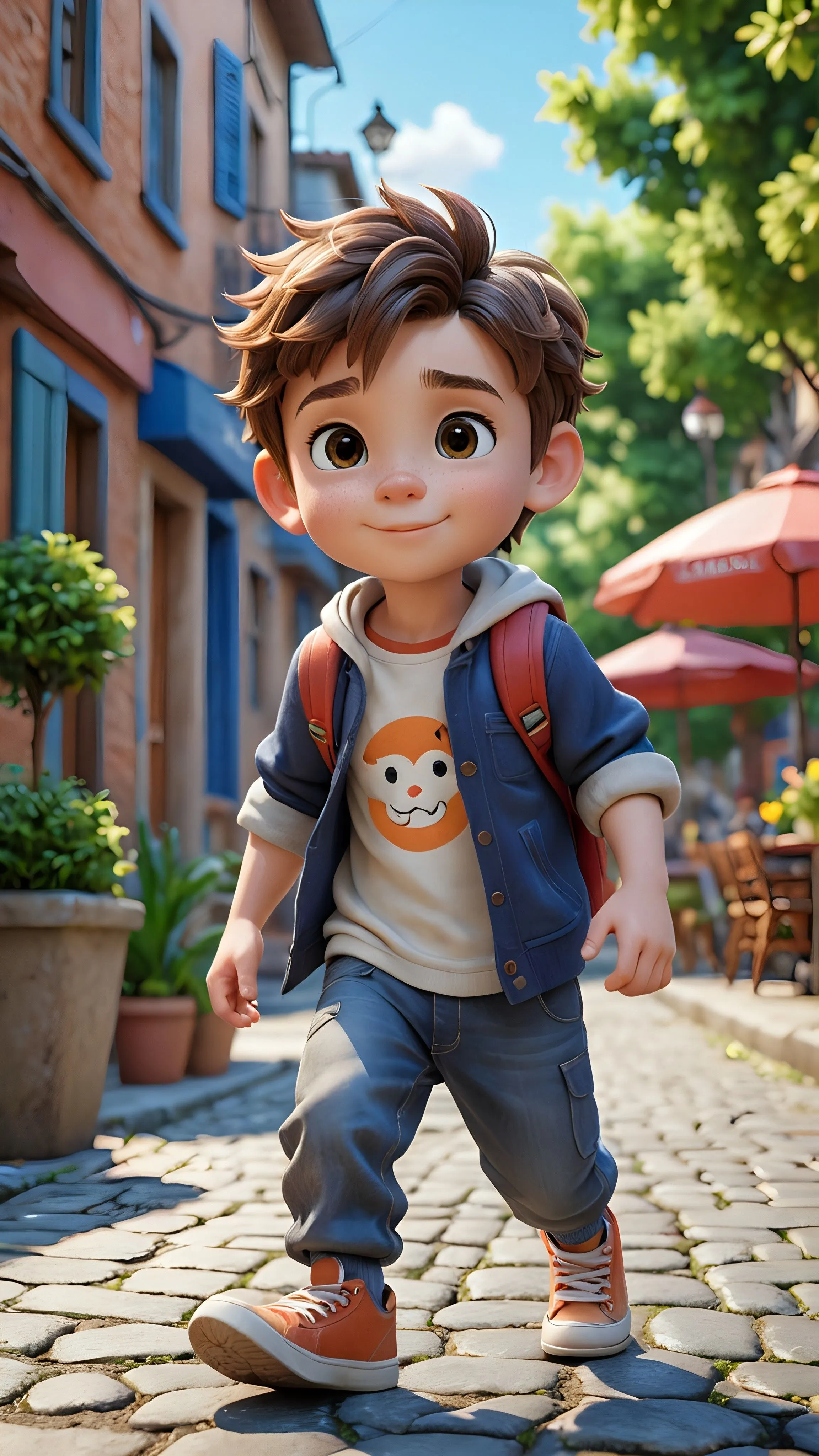 Cheerful Young Boy Walking on a Sunny Cobblestone Street