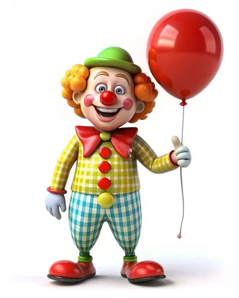 Colourful Happy Clown Holding a Red Balloon and Smiling Wide
