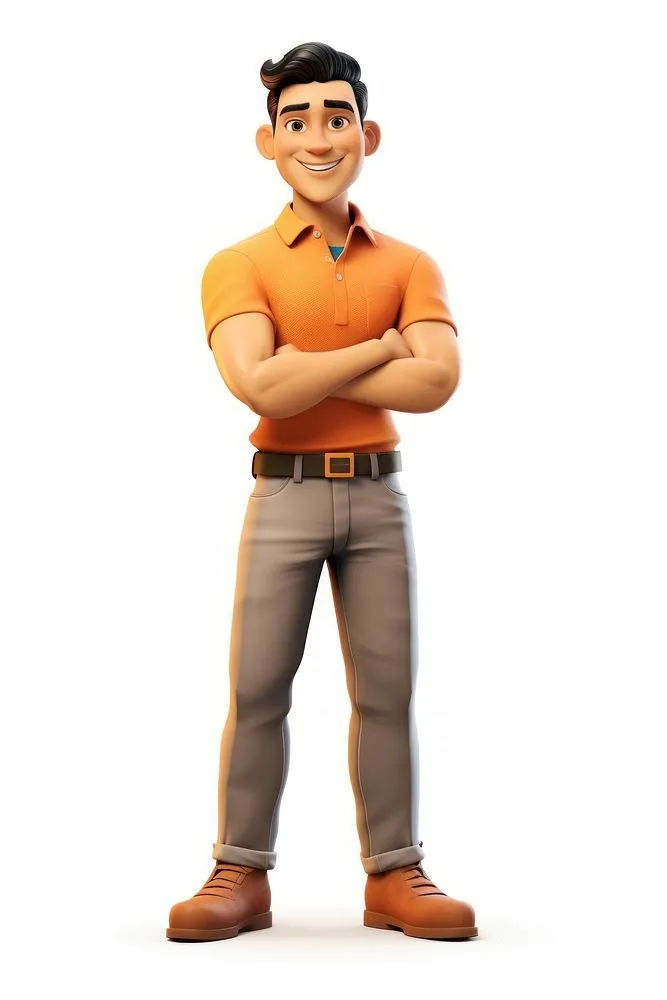 Confident Cartoon Man in Orange Shirt with Arms Crossed