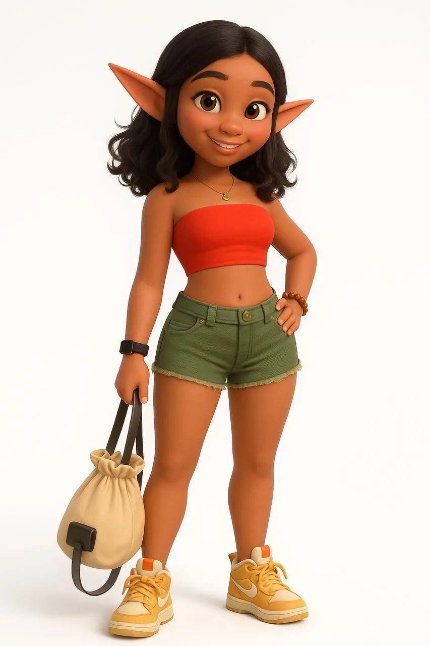Confident Elf Girl in Red Crop Top Holding Tan Handbag Image