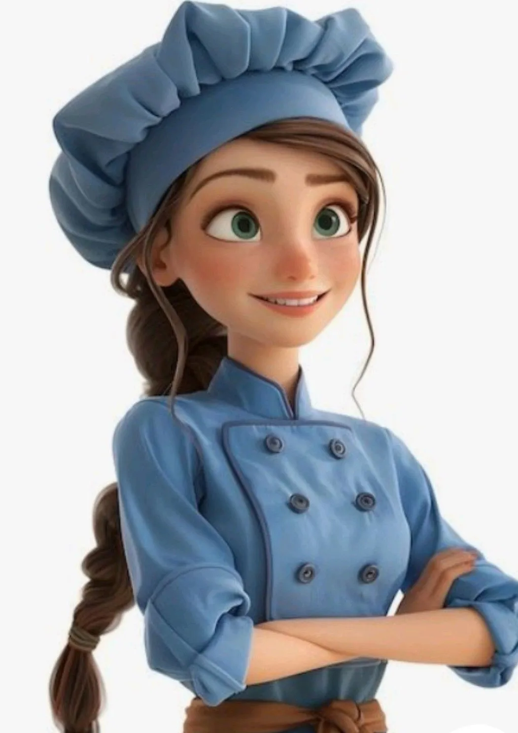 Confident Female Chef with Braid and Blue Uniform Posing