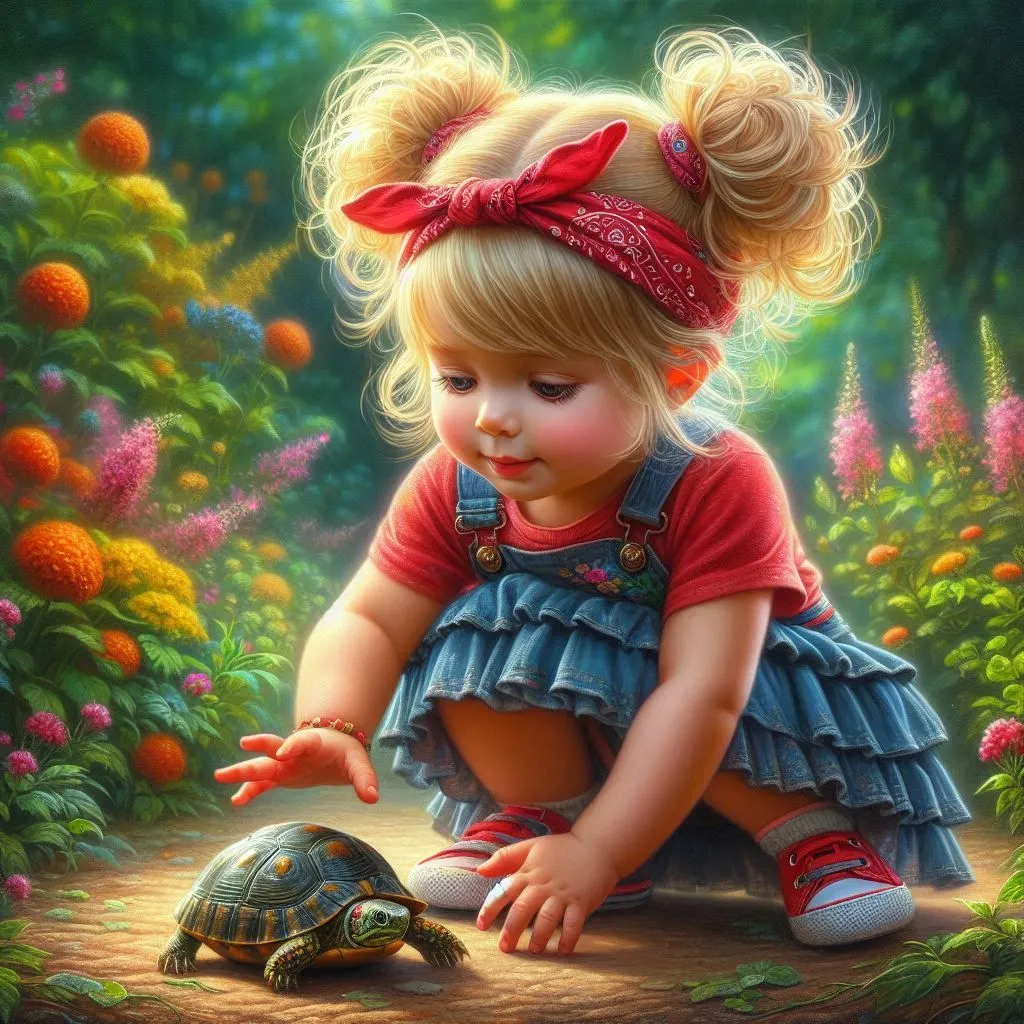 Curious Girl Playing Gently with a Small Turtle Outside