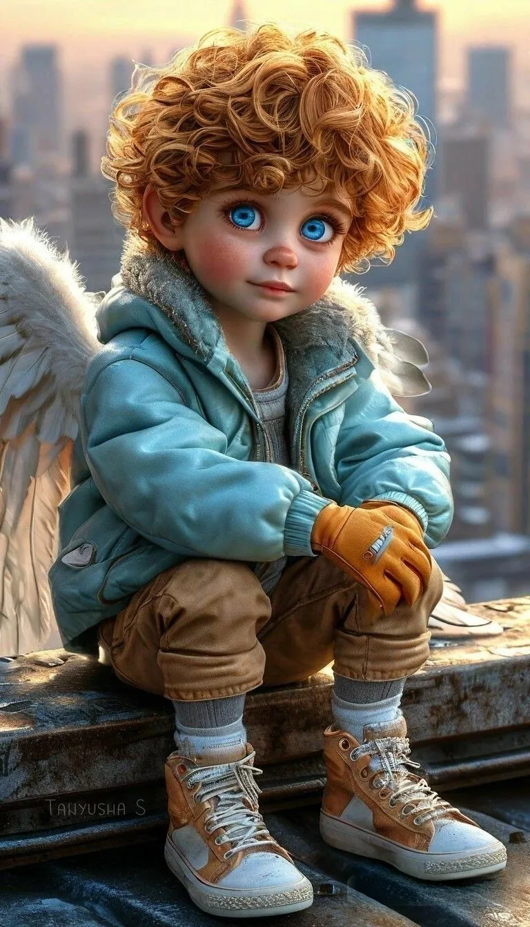 Curly Haired Angel Boy Sitting in a Cityscape Background