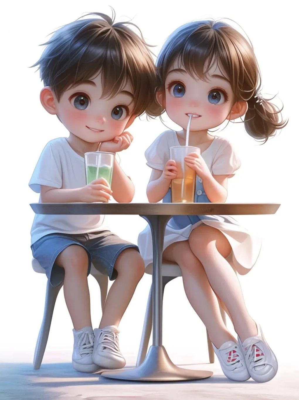 Cute 3D Boy and a Girl Drinking Drinks Sitting at a Table