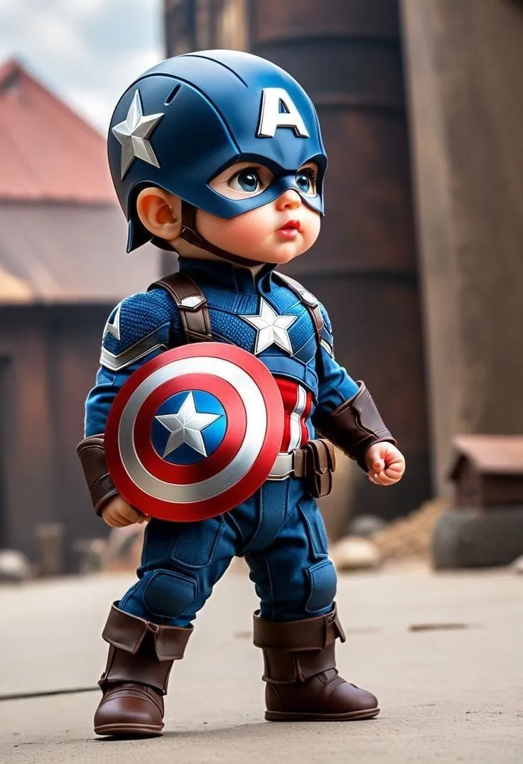 Cute Captain Hero in Blue Suit and Shield Standing Firm