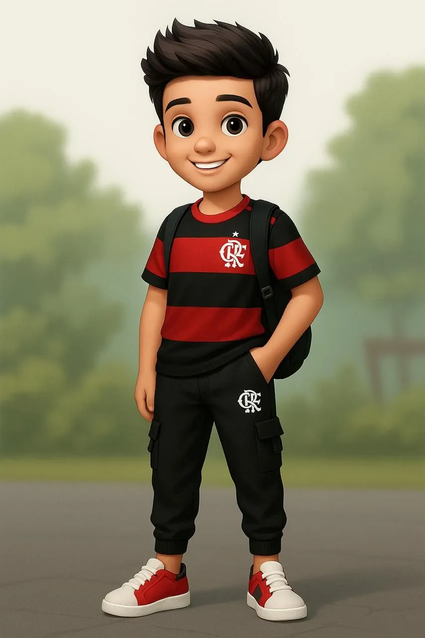 Cute Cartoon Boy Standing Outside in Red and Black Outfit