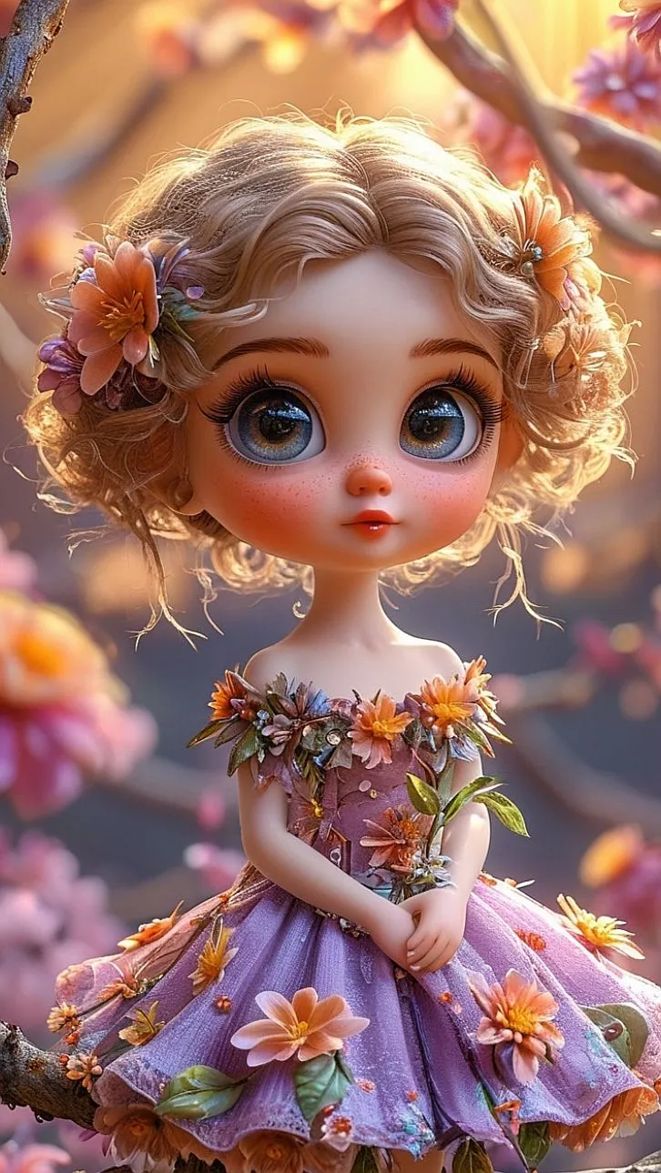 Cute Doll Girl in a Flower Dress with a Magical Glow Image