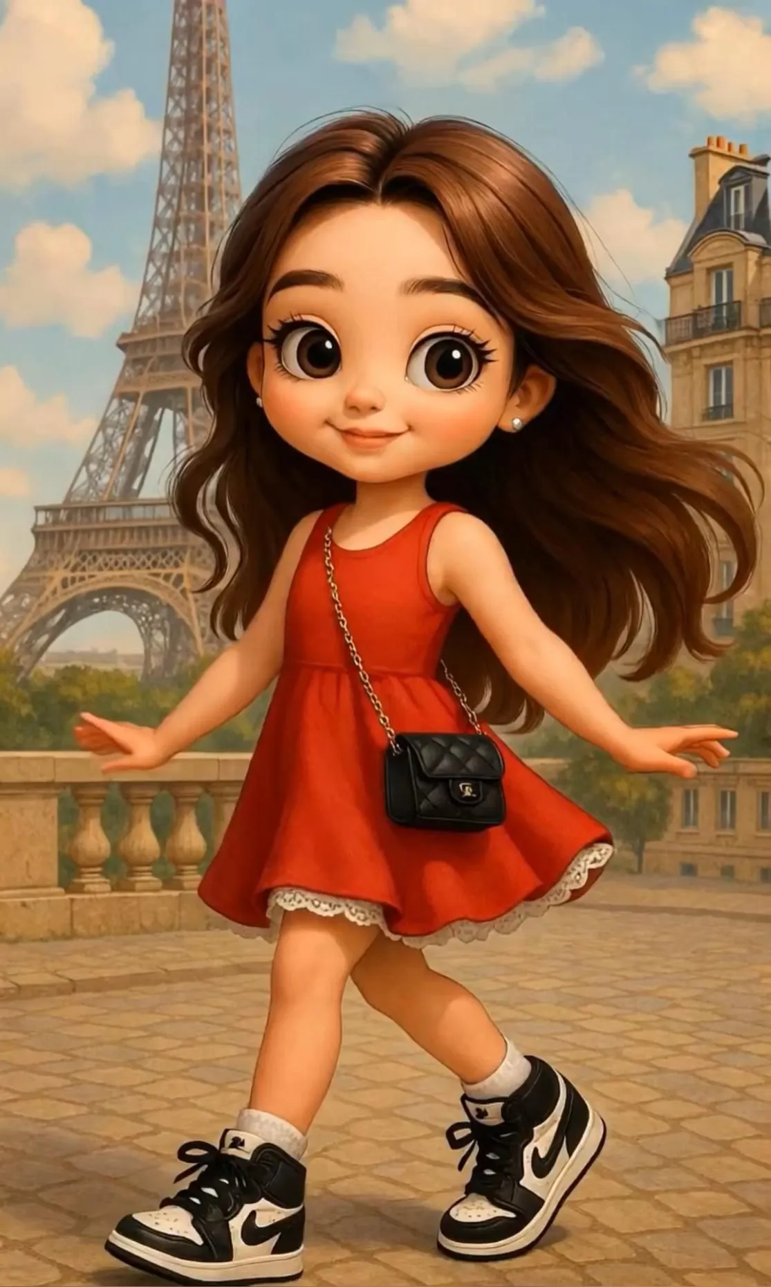 Cute Girl in Red Dress Posing Happily Near the Eiffel Tower