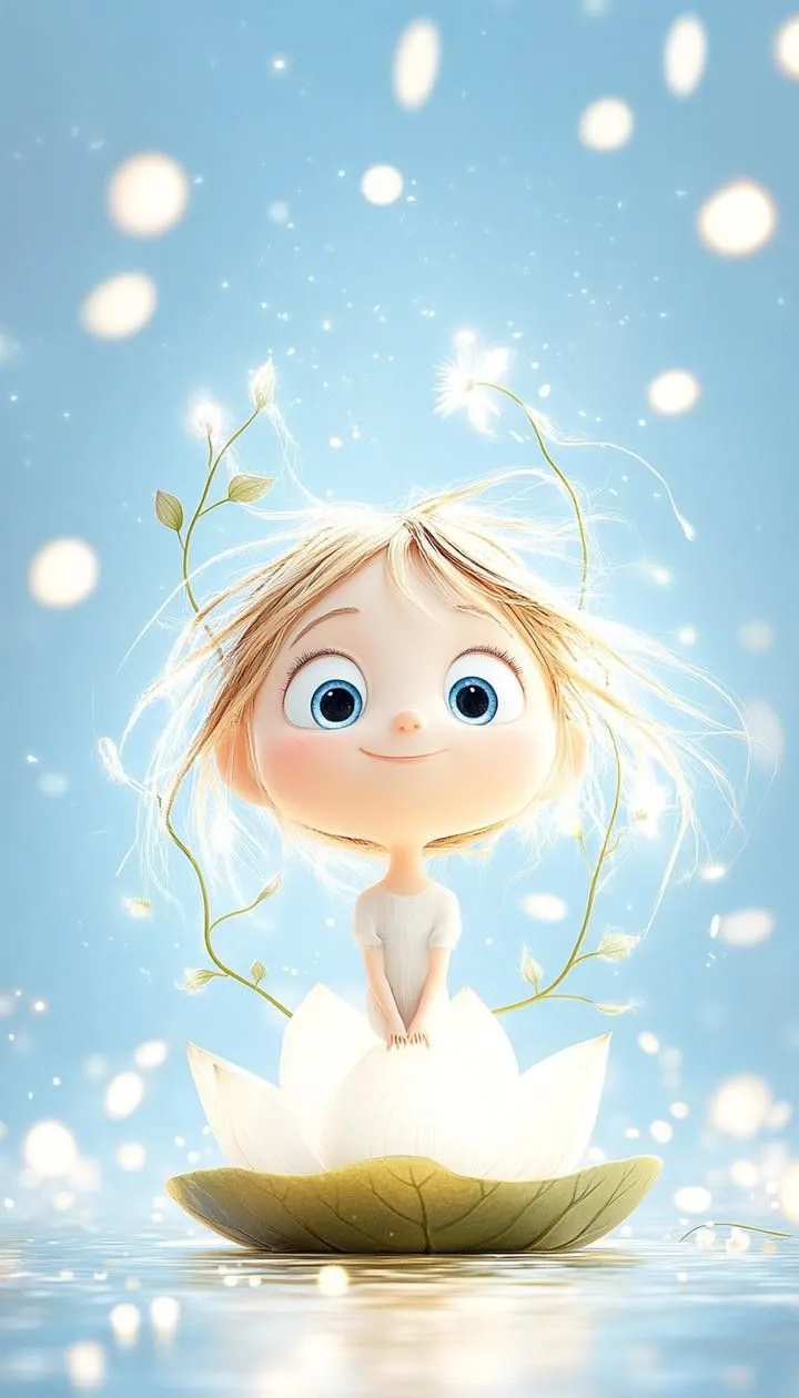 Cute Glowing 3D Girl Sitting on a Flower Petal Wallpaper