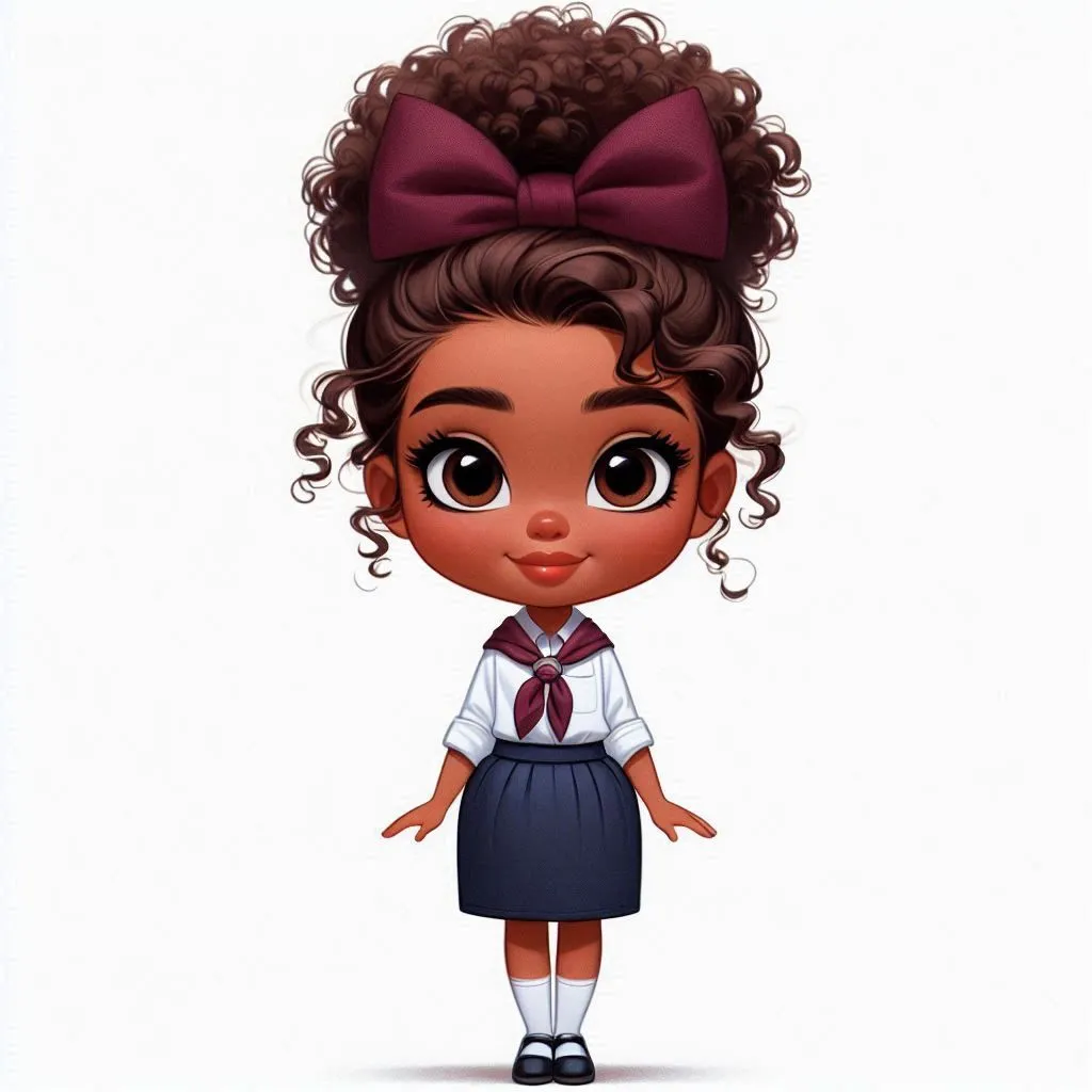 Cute Schoolgirl with Curly Hair Wearing a Big Purple Bow