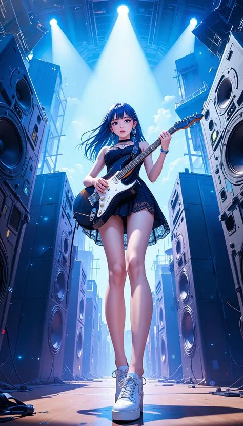 Dynamic Female Musician Playing Guitar on Stage with Lights