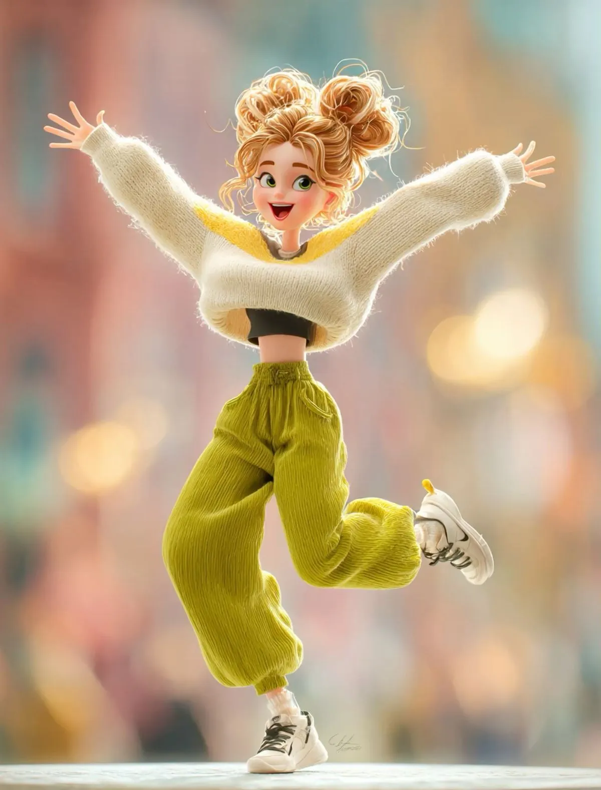 Energetic Young Woman Jumping with Joy in Casual Clothes