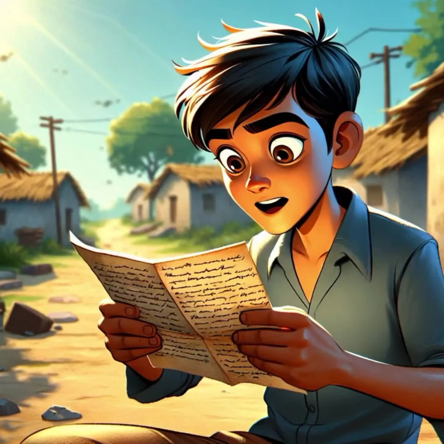 Excited Boy Reading a Paper Outside Under Sunny Skies Image