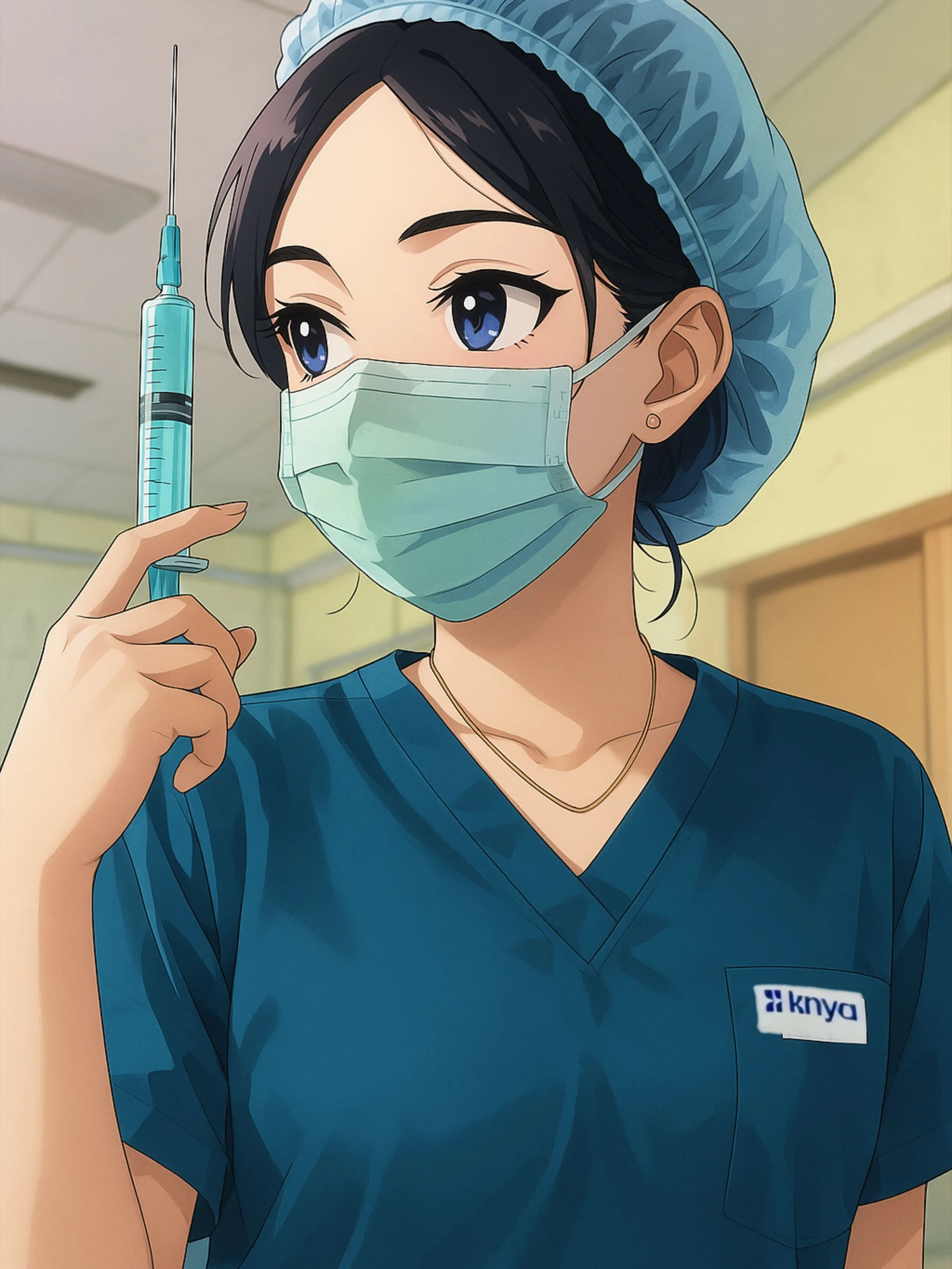 Female Nurse Holding a Syringe Wearing Scrubs and Face Mask