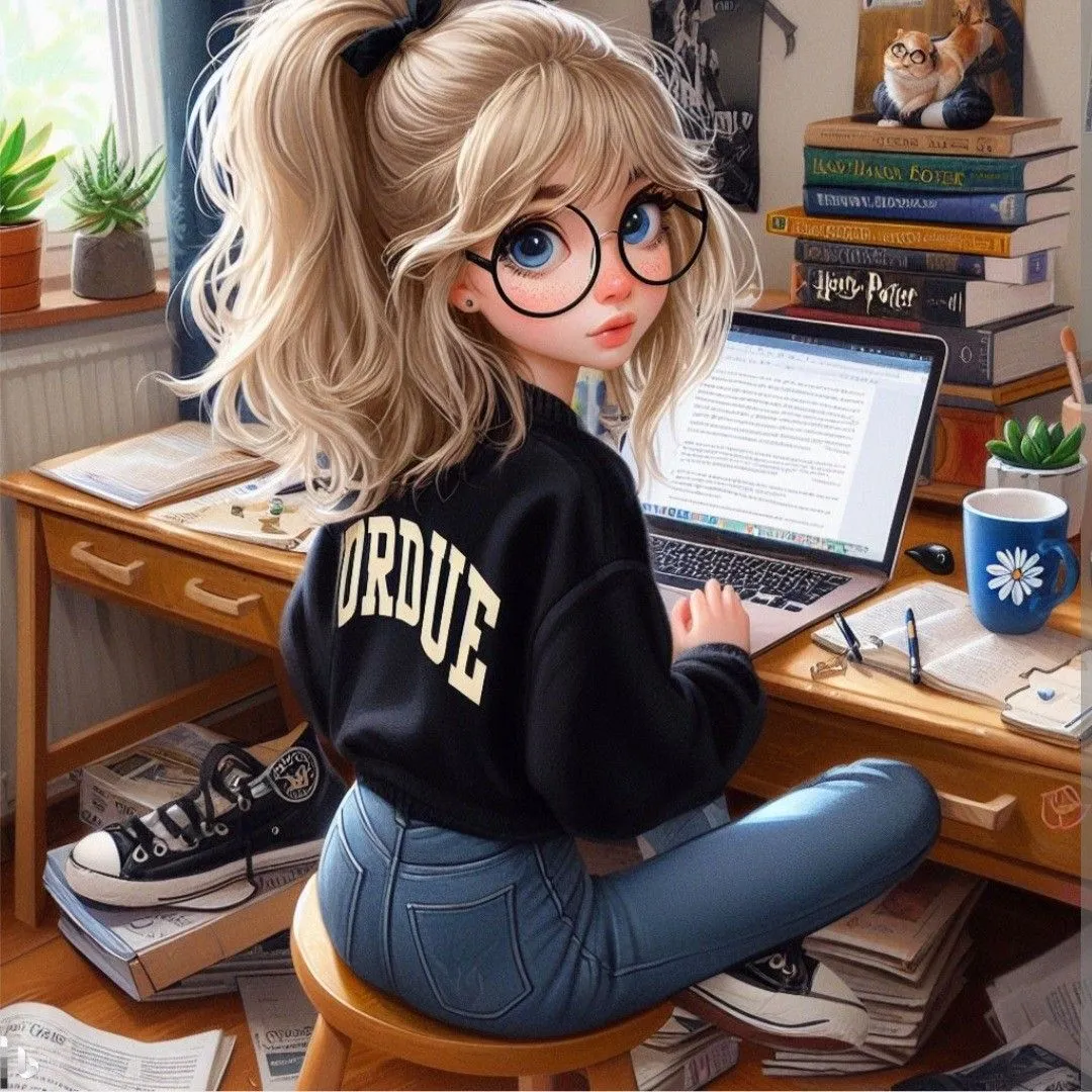 Focused Girl Studying at a Cluttered Desk with a Laptop