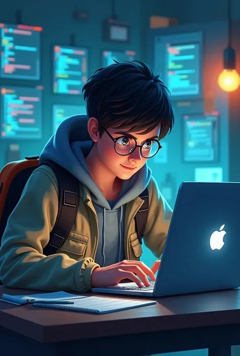 Focused Young Coder Working Late at Night on a Laptop Image