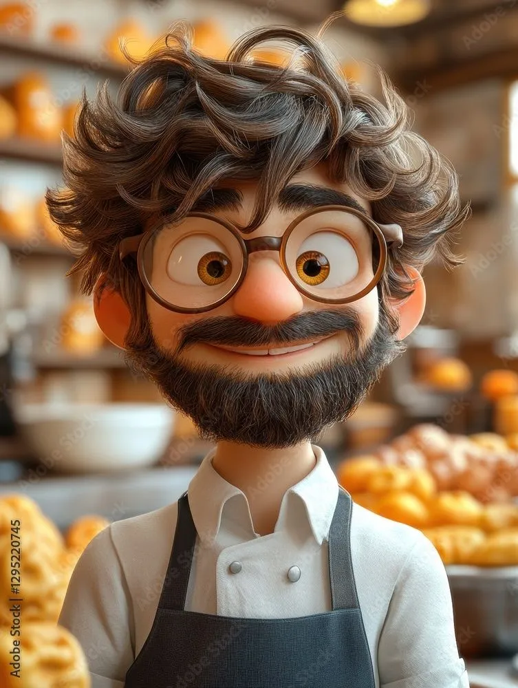 Friendly Male Baker Smiling with Glasses and Curly Hair