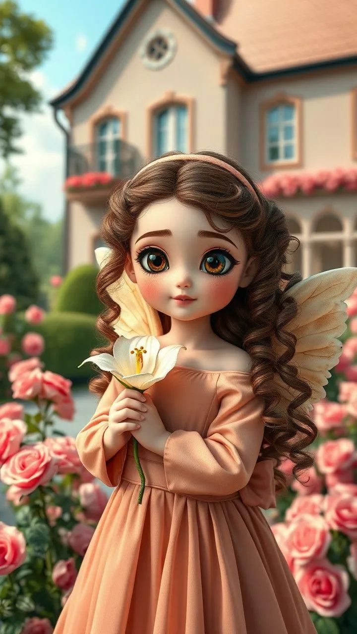 Girl Holding a Yellow Flower Is Standing in a Floral Garden