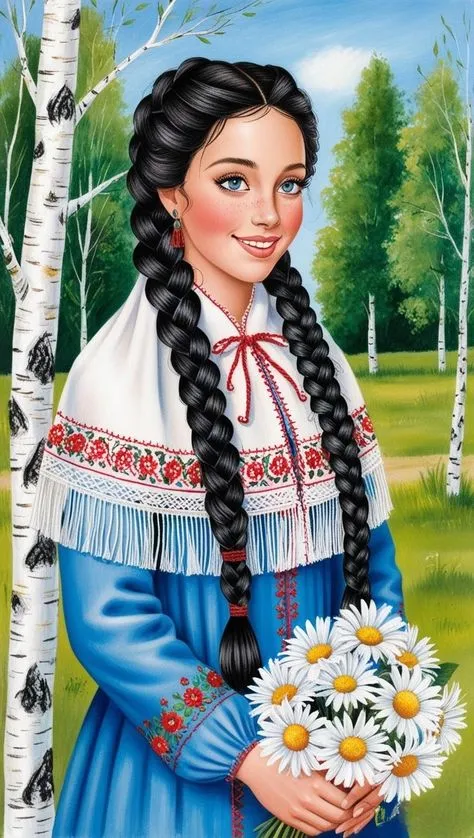 Girl in Traditional Dress Holding Fresh White Flowers Image