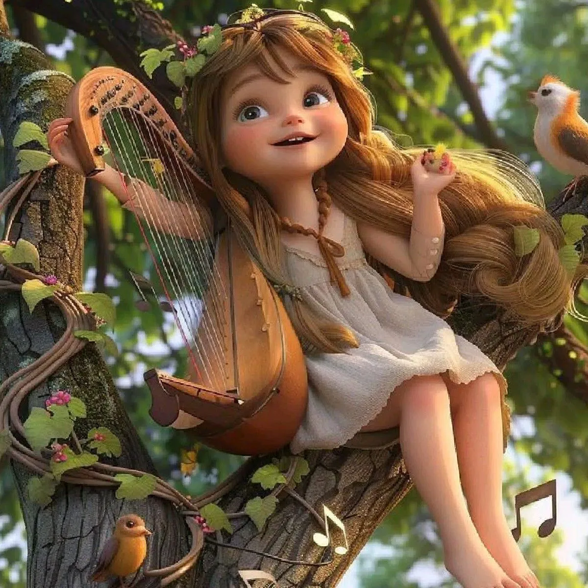 Girl Playing Harp in a Magical Forest Full Of Birds Image