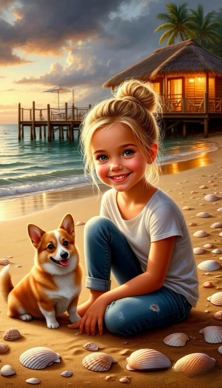 Girl Sitting By Seaside Sunset with Happy Corgi Dog Image