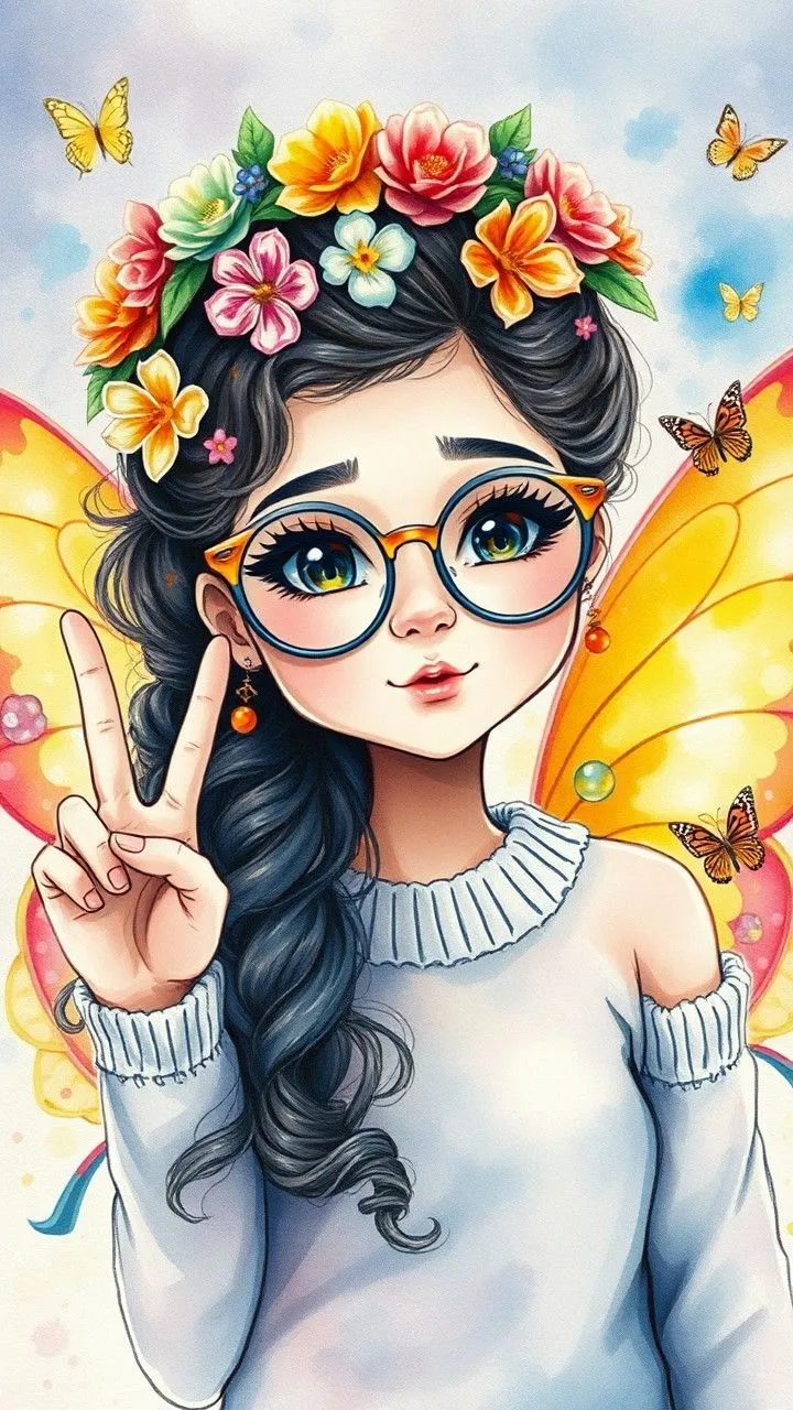 Girl with Glasses and Flower Crown Giving Peace Sign Image