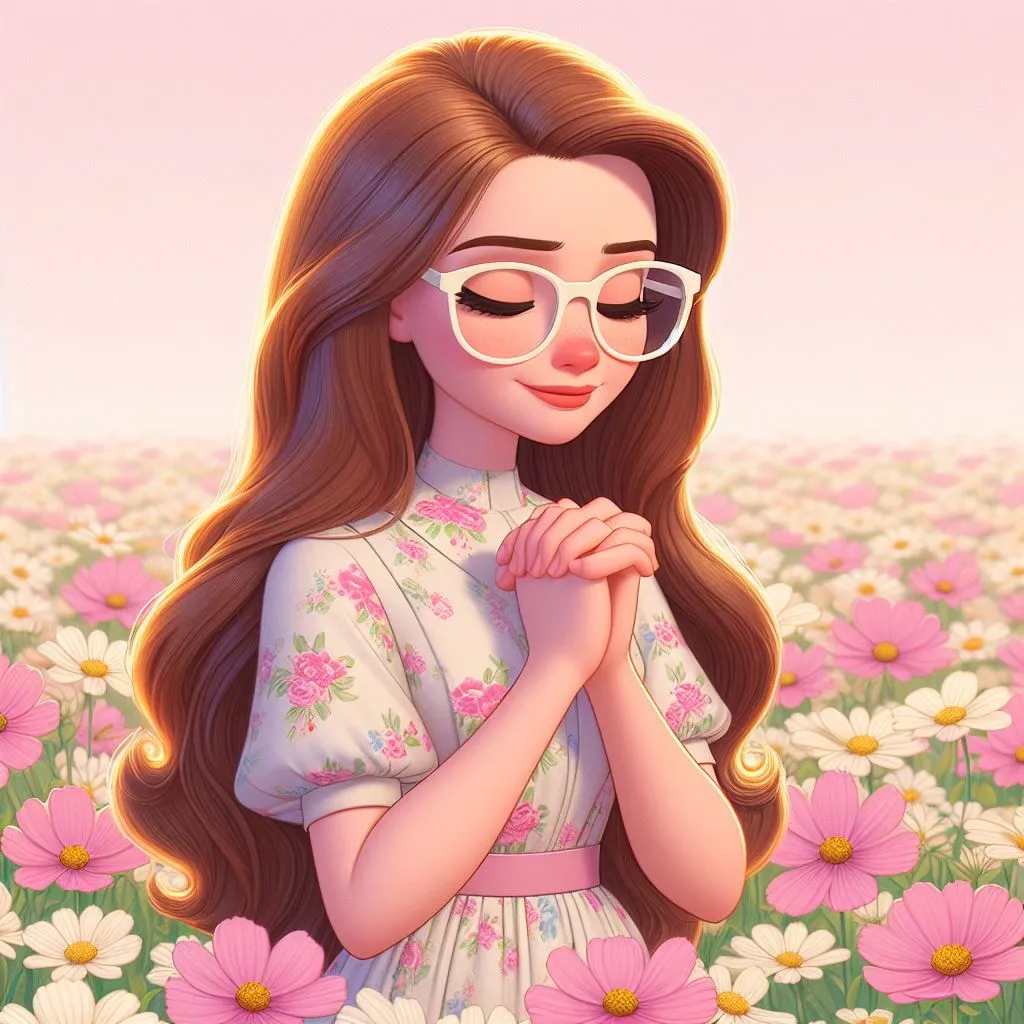Girl with Glasses Smiling in a Dreamy Pink Flower Field