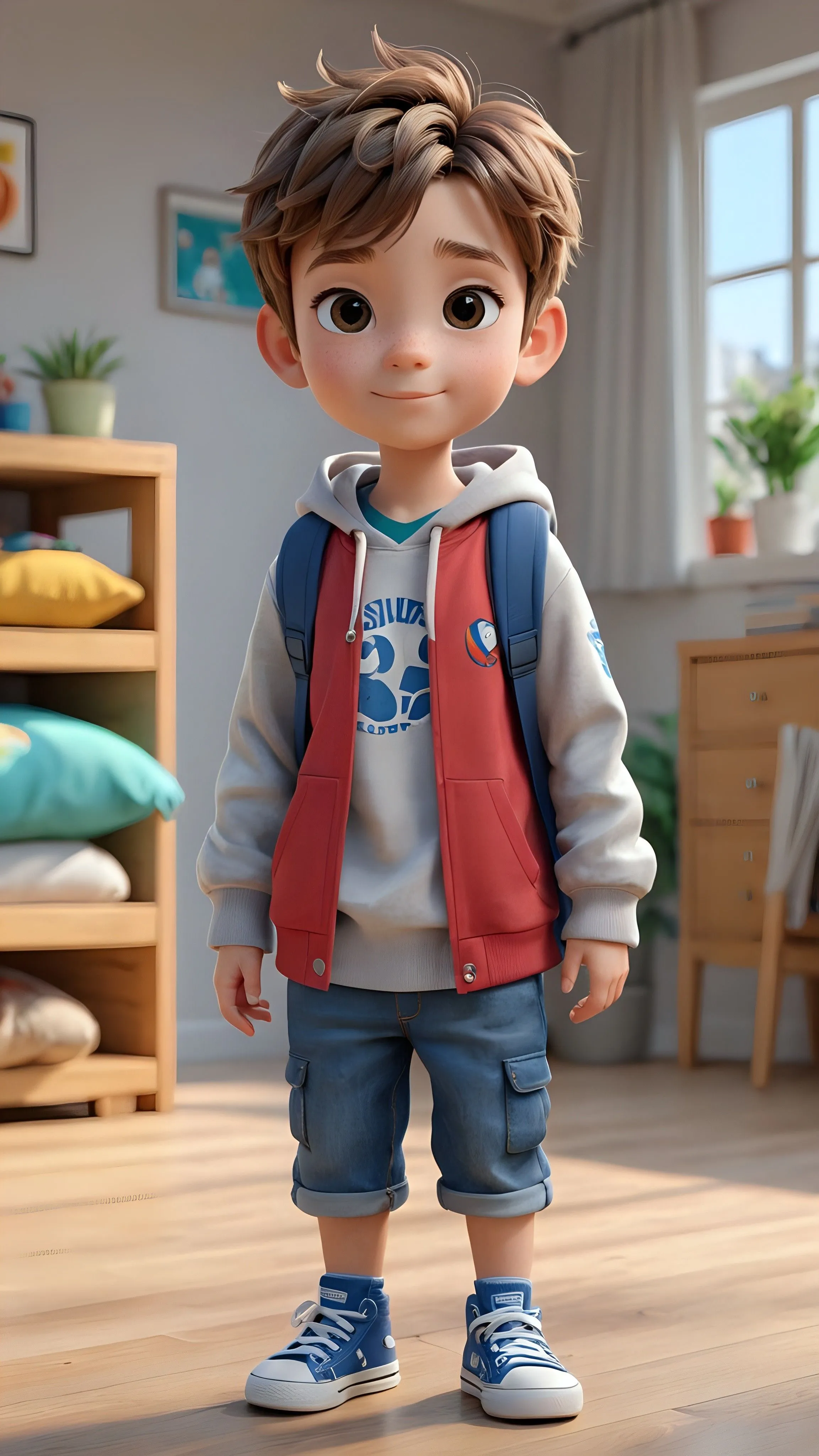 Happy Boy Standing in a Bright Room with Casual Clothes