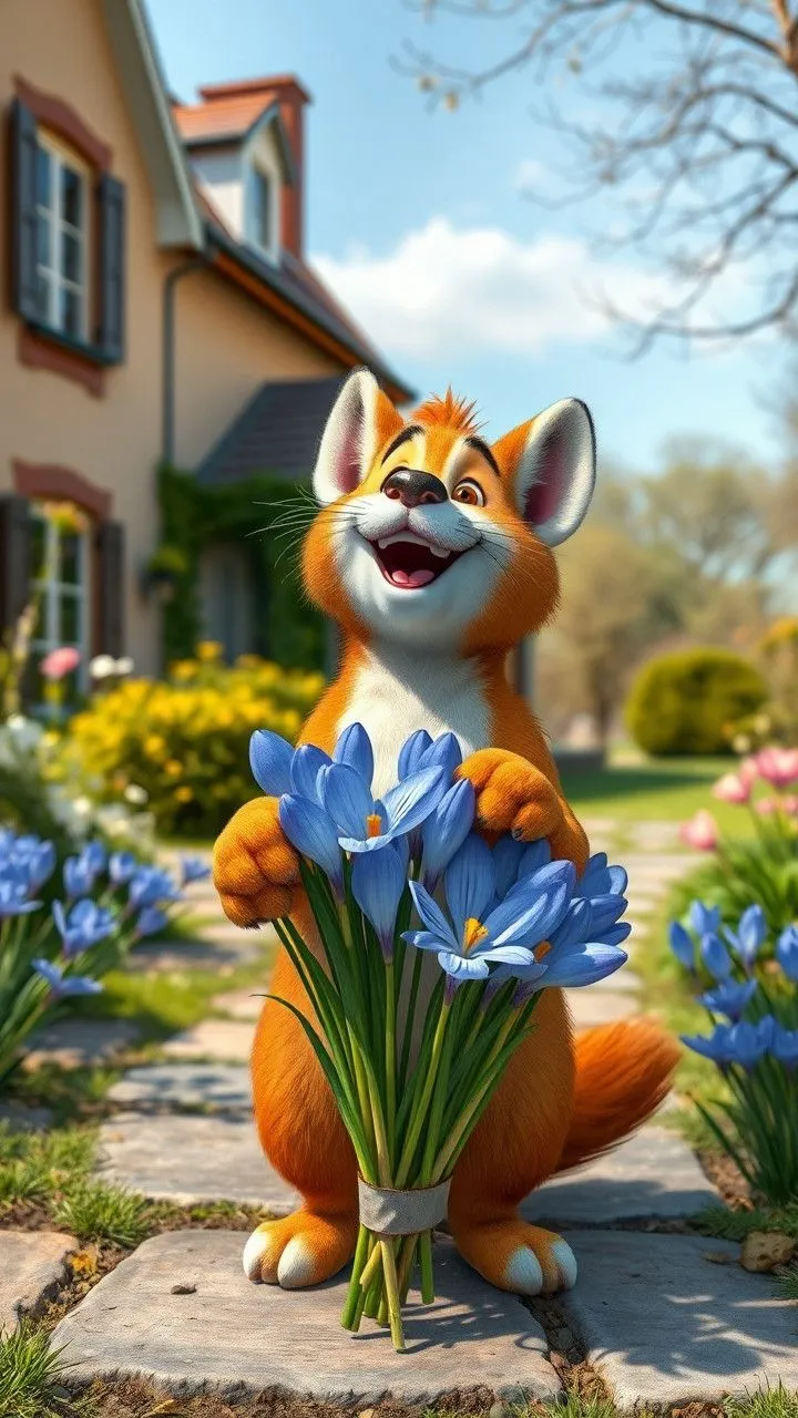 Happy Fox Holding Flowers in Front Of a Cottage Garden Image