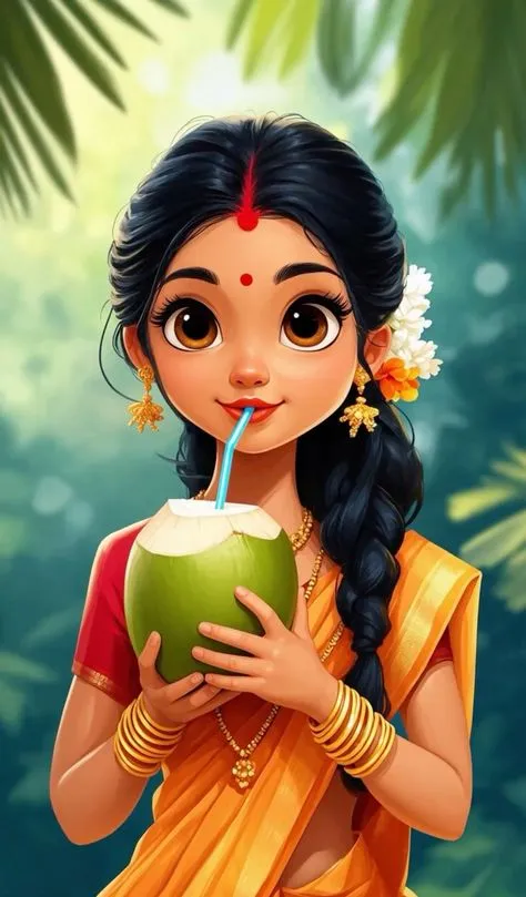 Indian Girl in Traditional Dress Drinking Coconut Water