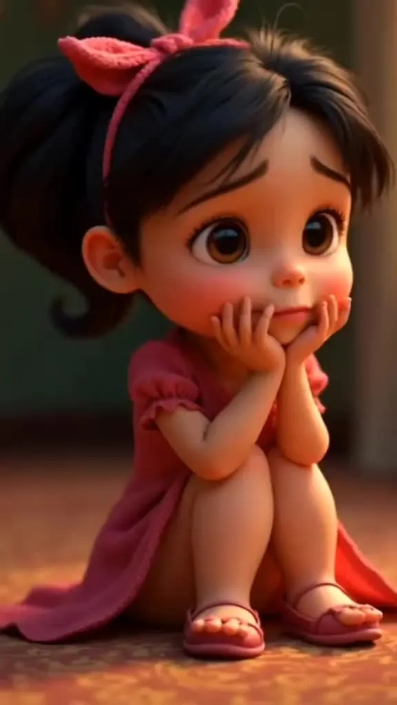 Little Girl in Red Dress Looking with Sad Eyes Wallpaper
