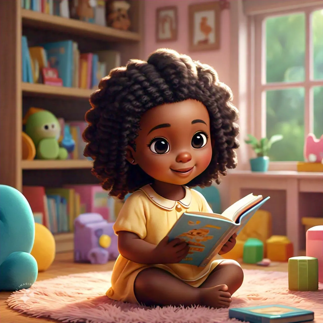 Little Girl Reading a Book in a Colourful Playroom Wallpaper