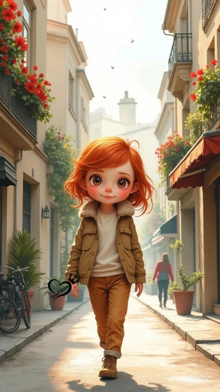 Little Girl Walking Confidently Through a Charming Street
