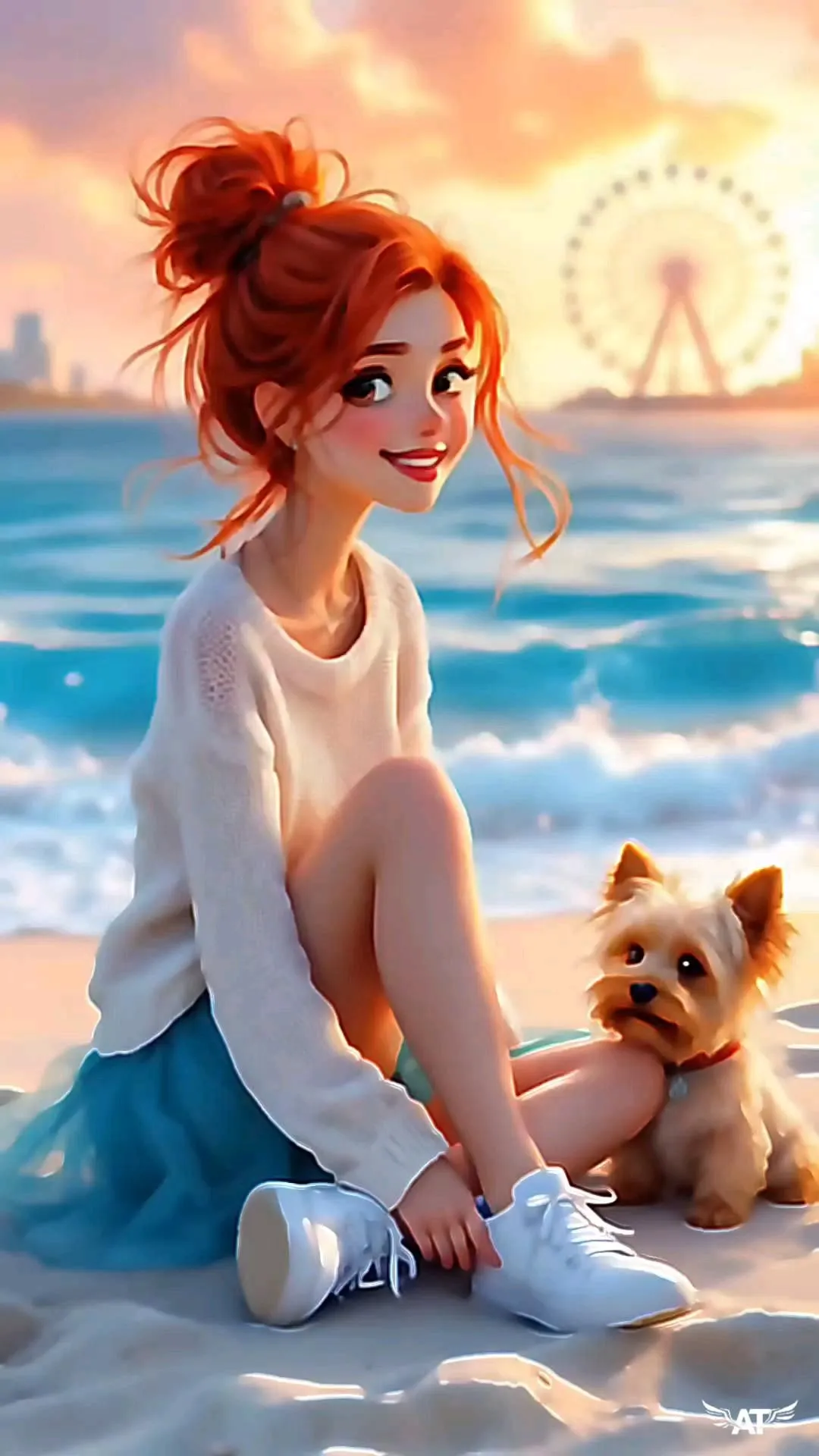 Red Haired Girl Sitting in the Sea with a Small Dog Image