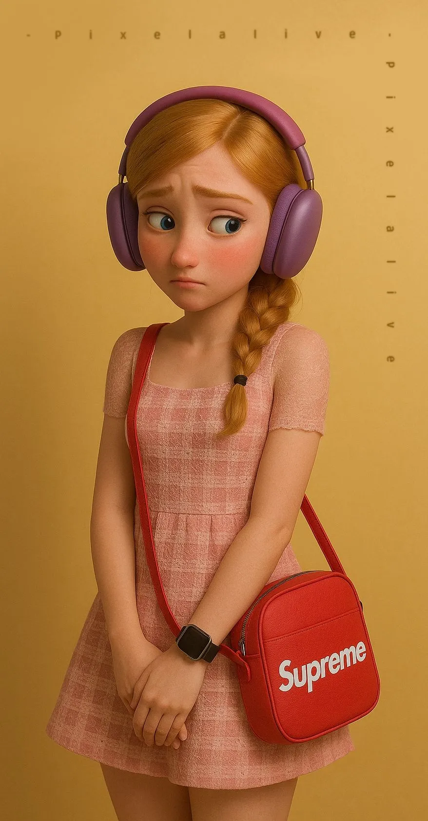 Shy Girl with Headphones and Supreme Bag in Warm Light