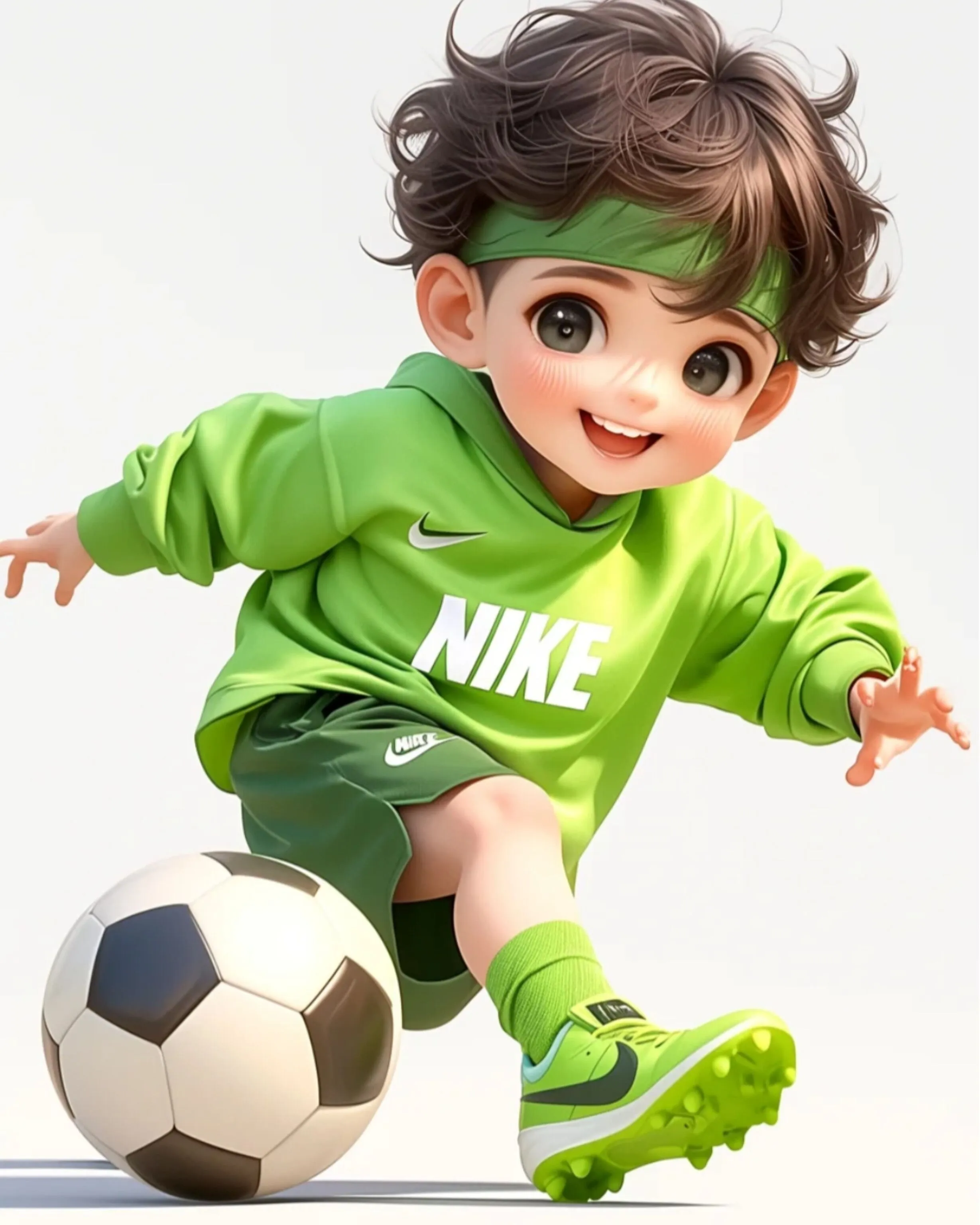 Smiling Boy in Green Nike Outfit Kicking a Soccer Ball Image