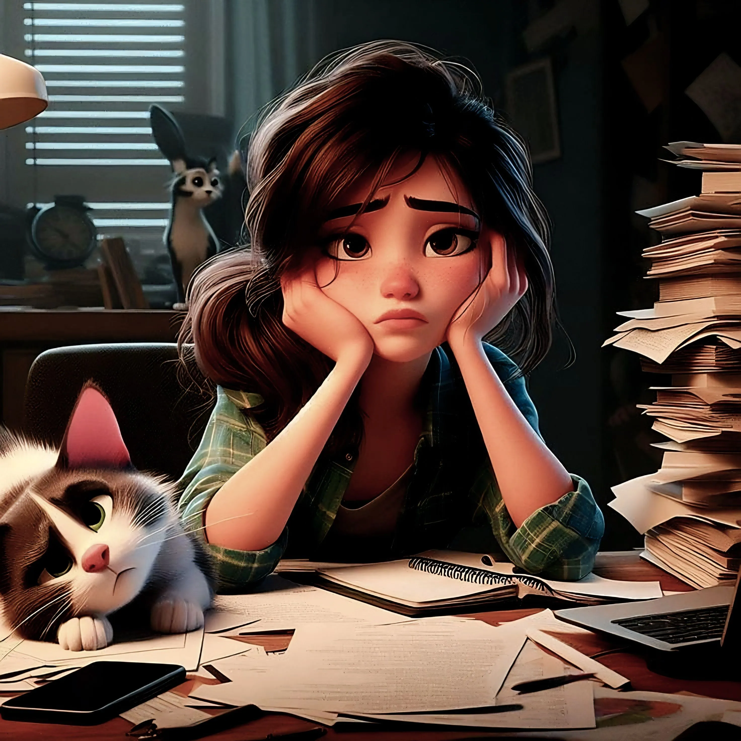 Stressed Woman Resting Her Face on Her Hands with a Cat