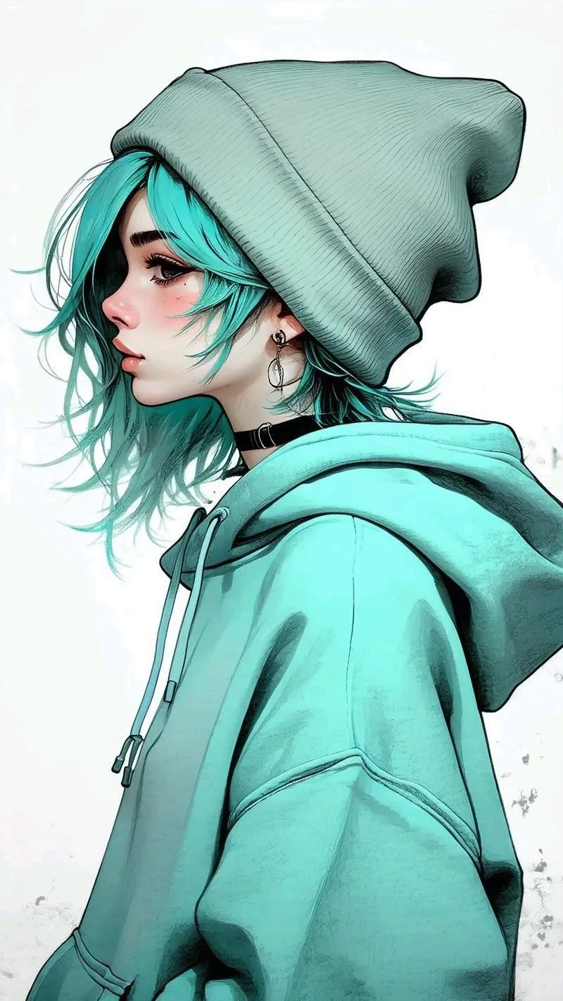 Stylish Teen in Teal Hoodie Looking Sideways with Attitude