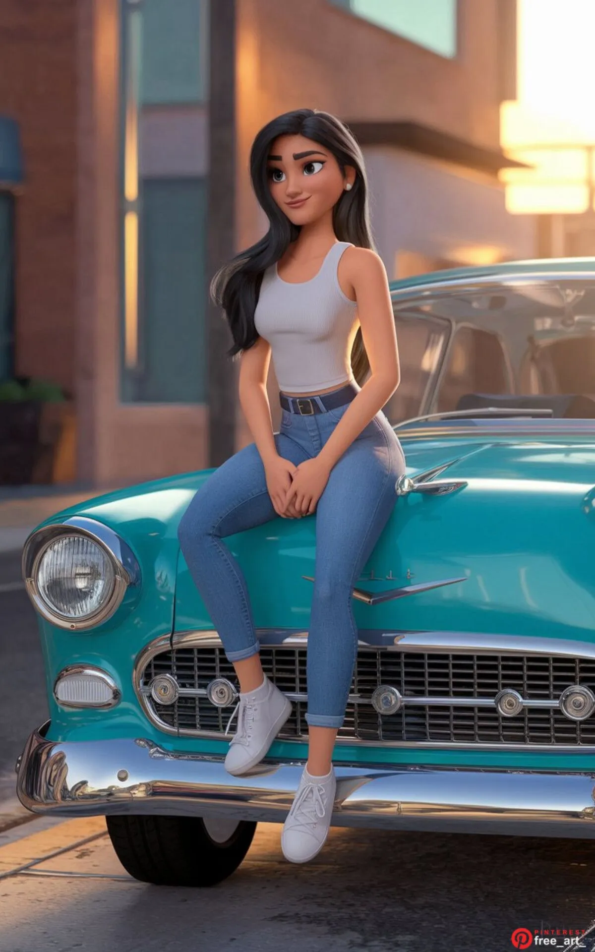 Stylish Woman Sitting in a Vintage Blue Car Downtown Image