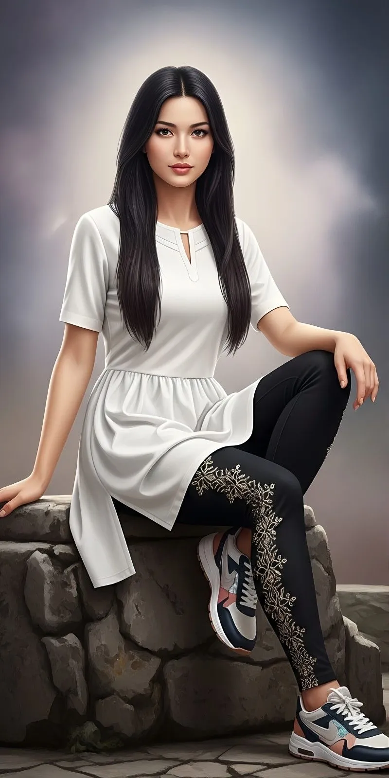 Stylish Young Woman in White Sitting on a Stone Bench Image
