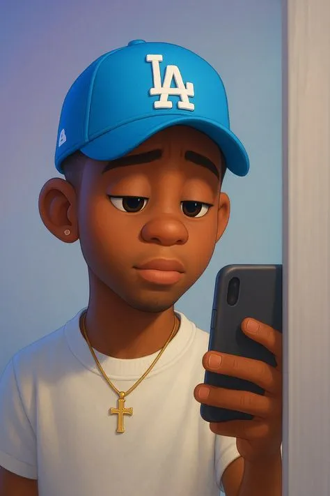 Teen Boy in Blue Cap Taking Selfie with Serious Face Image