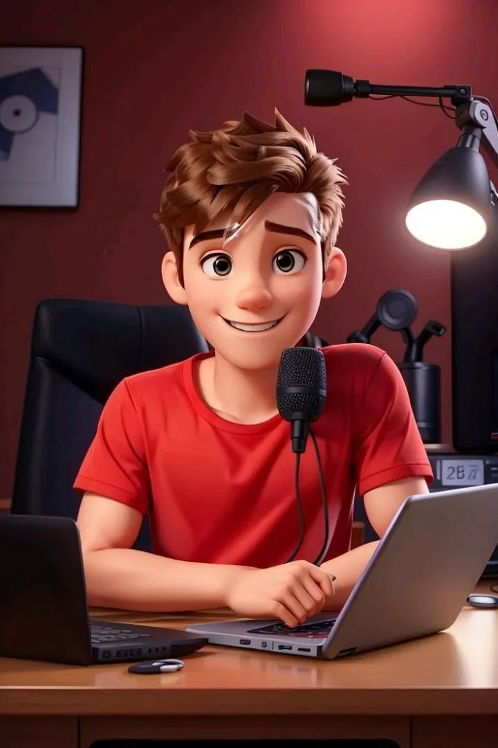 Teen Boy Podcasting at Desk with Mic and Laptop Setup Image