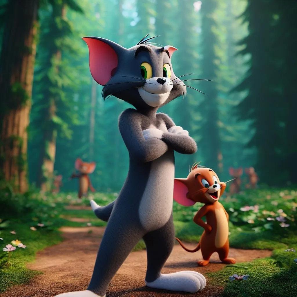 Tom and Jerry in a Forest with Animals Around Them Wallpaper