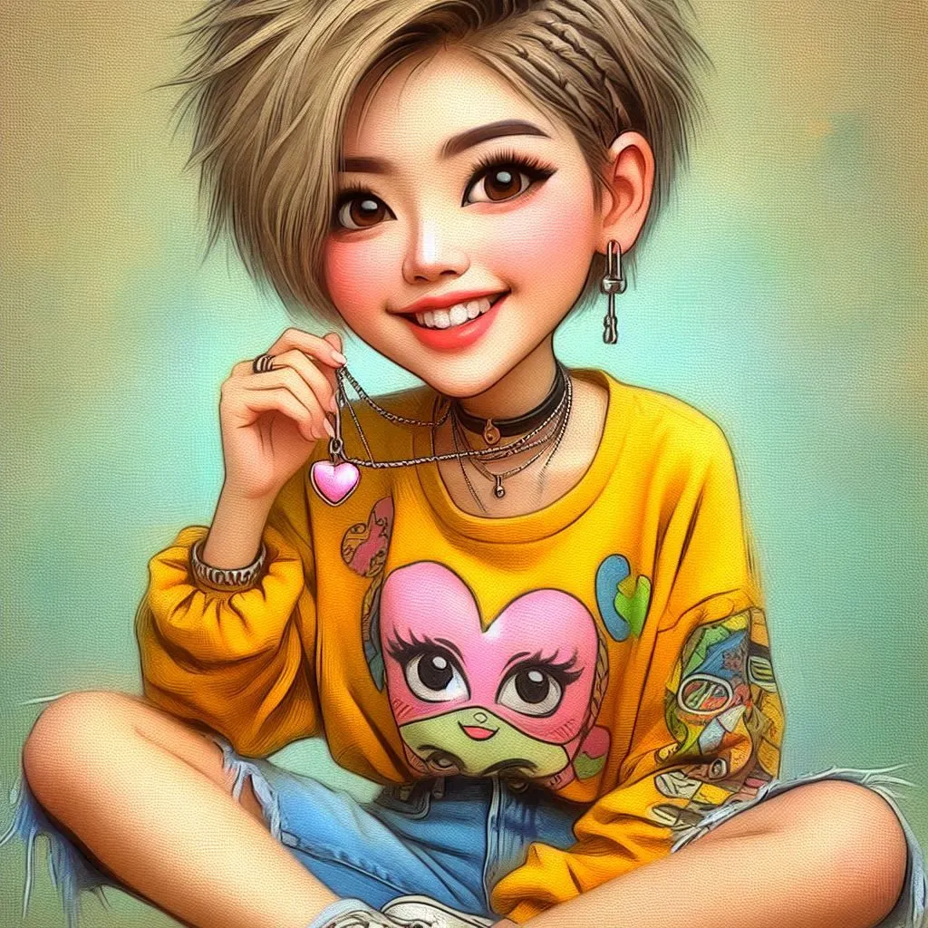 Trendy Girl Smiling in Bright Yellow Top with Cartoon Design