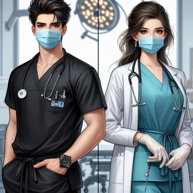 Two Confident Doctors Wearing Masks and Medical Outfits