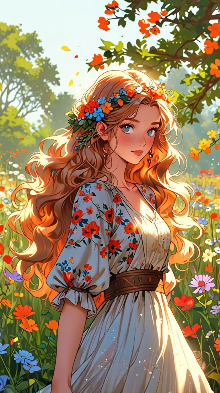 Whimsical Woman with Floral Crown in Bright Outside Scene