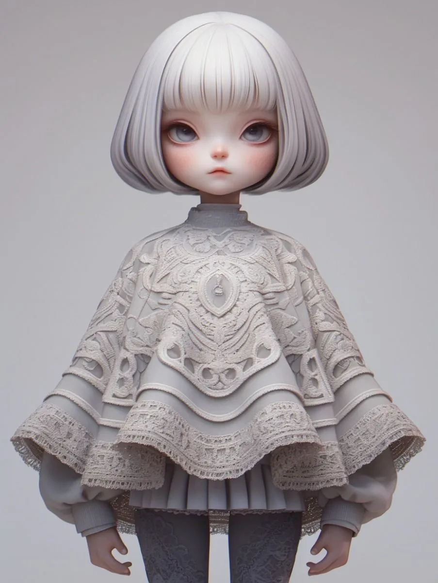 White Haired Doll Girl in Detailed Vintage Lace Outfit Image