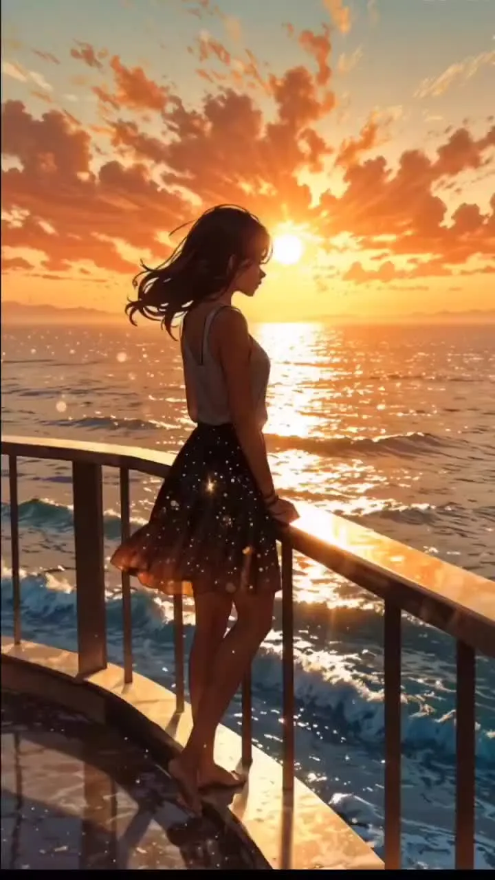 Woman Enjoying the Sunset View From a Balcony Over the Ocean