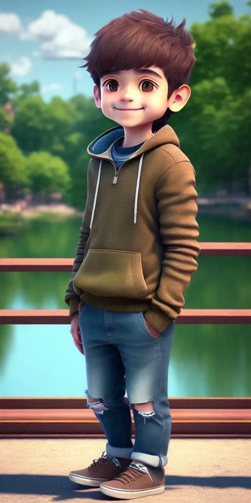 Young Boy in Hoodie Standing Near a Lake with Greenery Around