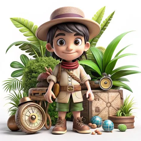 Young Explorer Boy with Map and Compass in Jungle Setting
